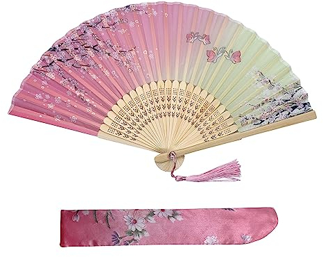 Kibon Folding Fans, Handheld Fans, Hand Fans, Bamboo Fans with Tassel for Birthday Gifts Dancing Cosplay Wedding Party Props Decoration (Green Pink)