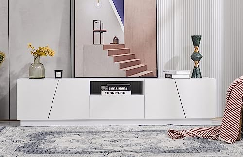 Sweiko TV-Ständer, Moderner Weißer TV-Schrank mit Hochglanz-Oberfläche und Holzmaserung, 170 cm, für Wohnzimmer