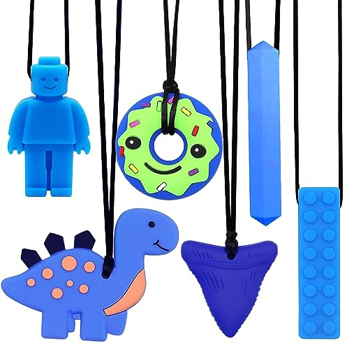 Mordedor para Bebé, 6 Piezas Mordedores Refrigerante, Autismo Masticar Colgante, Collar de Lactancia, Masticar Collar Perfecto para Niños con TDAH, Dentición, Autismo, Necesidad de Morder (Azul)