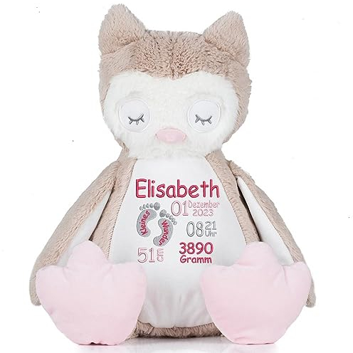 Stofftier mit Name Bestickt Kuscheltier Eule personalisiert Füßchen