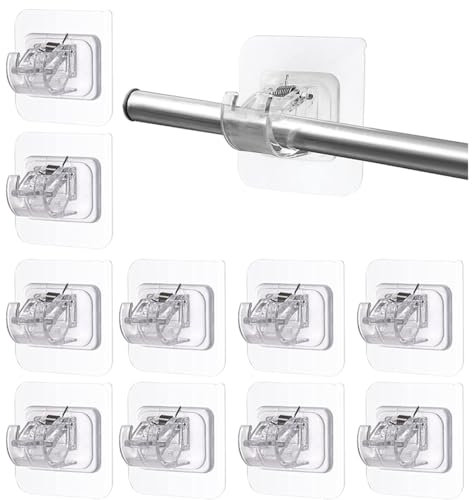 10pcs No Drill Curtain Poles Brackets, Self Adhesive Curtain Pole Hooks, Transparent Curtain Rod Bracket Holder, Adjustable Curtain Pole Brackets for Kitchen Bedroom Bathroom