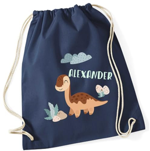 minimutz Sac de gym cadeau dinosaure - Personnalisé avec nom - Sac en tissu à tirer pour enfant - Sac de sport à tirer - 12 l - 37 x 46 cm, [01] Bleu foncé, 37x46 cm