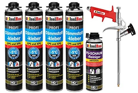 Isolbau B2 Dämmstoffkleber SET - 4 x 750 ml Perimeterkleber, 1 x PU-Schaum-Reiniger & 1x Schaumpistole für EPS & XPS-Platten - 1K PU-Klebeschaum für Dämmung und Isolieren