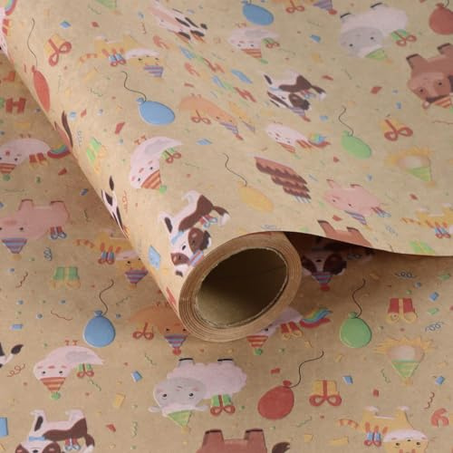 Aimyoo Geschenkpapier für Kinder, Bauernhoftiere, Kraftpapier, Geschenkpapier, 43,2 cm x 3 m