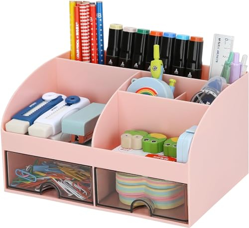 KAHEIGN Organizzatore da Scrivania con 2 Cassetti, 19CM x 14CM Organizer da Scrivania Multifunzionale Portapenne di Grande Capacità Organizzatore di Trucchi per Ufficio Scuola Casa Tavolo (Rosa)