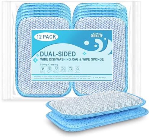 HOMEXCEL 12 Pack Scrub & Wipe Cloths, Scrub Sponges with Non-Scratch Wire Dishwashing Rag for Kitchen, All-Purpose Cloth for Dishes, Pots, Pans, Non-Stick Cookware, Countertops (Blue)