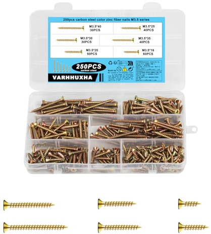 250 Pezzi M3.5 Viti per Legno, Kit Viti Autofilettanti Assortimento, Vite Phillips a Testa Piatta a Testa Svasata Croce, Vite a Cartongesso per Riparazione Fai-da-te