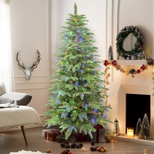 Alupssuc 7FT Artificial Christmas Tree with 1267 PE & PVC Branches Tips,with 460 Multi-Color RGB Lights & Remote Control,Abundant Layered Branches, Perfect for Xmas Decorations,Green