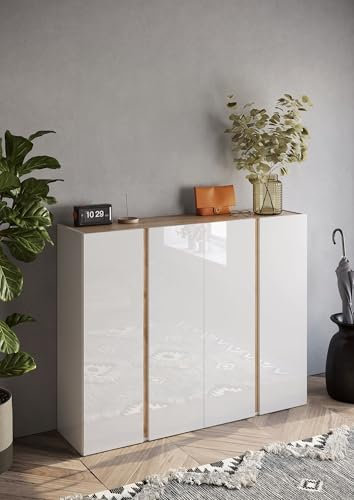 möbelando Schuhschrank >Farina< 4 Türen, Weiss Hochglanz Lack/Eiche Cadiz Dekor - 140x111x35cm B/H/T