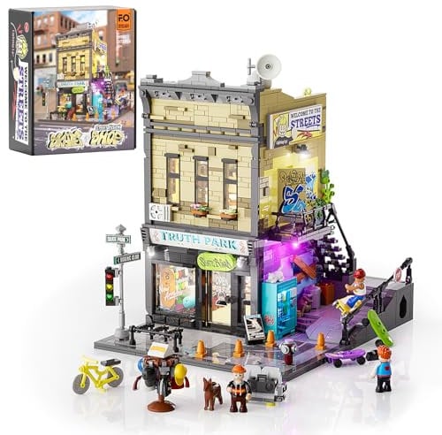 FUNWHOLE Negozio di Skate Set di mattoncini luminosi - Collezione Skate Store Street Fusion City con luci LED, Kit di costruzione modulare con 1573 pezzi per adulti e adolescenti