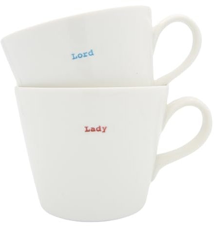 Keith Brymer Jones Word Range Large Ceramic White Mug Pair - Lord (Blue) & Lady (red) - 350ml - Gift Boxed