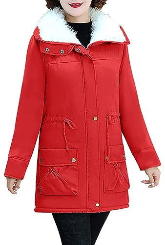 Langer Damenmantel, mittellang, Lamm-Wildleder, Baumwolle, Wintermantel, große Größe, leichte Winterjacke für Damen, rot, XL
