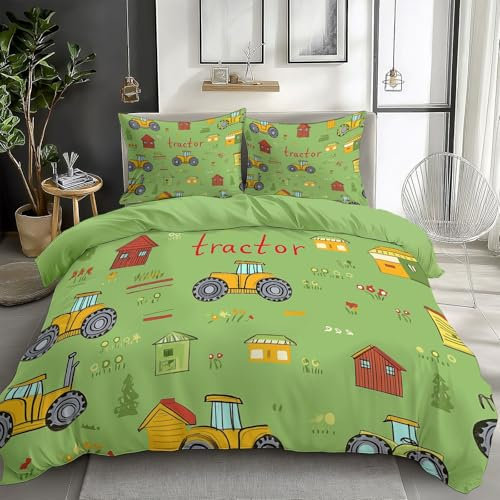 Quixora Bettwäsche 135 x 200 cm für Jugendliche Kinder Weich Gemütlich Bettbezug Karikatur Traktor Und Bauernhof Muster Grau Wendebettwäsche Einzelbett mit 2 Kissenbezug 80x80