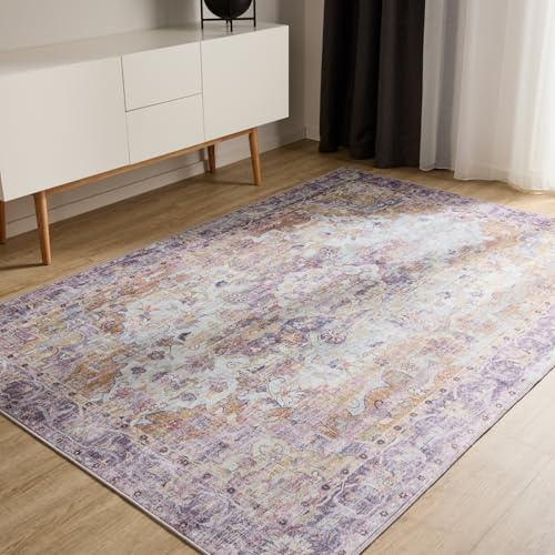 benuta Basic Waschbarer Teppich George - Multicolor/Lila 300x400 cm - Kunstfaser - Rechteckig & im Style: Vintage, Elegant, Retro - Pflegeleicht für Wohnzimmer Schlafzimmer