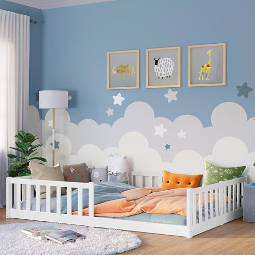 Bellabino Vere Bodenbett 140x200 cm – Montessori Kinderbett mit Matratze, Rausfallschutz & Lattenrost – Jungen & Mädchen Kinder Bett aus Holz Kiefer – Kleinkindbett in Weiß