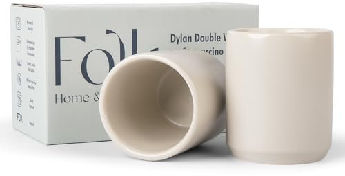 Folk Ceramics Dylan Ceramic Cappuccino Cups Set | Double Walled Ceramic Coffee Mug Set | Compact & Heat Insulated Cappuccino, Tea, Coffee & Latte Cup | 8oz, Set of 2 | Fog Grey