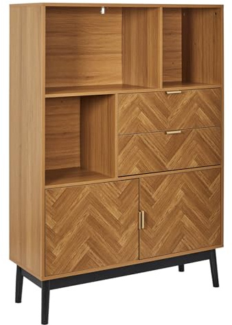 HOME DECO FACTORY Spiegel Wandspiegel Sonne Rattan Natur | Bücherregal aus Holzwerkstoff, 2 Schubladen, 2 Türen, optimaler Stauraum, Wohn- oder Schlafzimmer, braun und schwarz