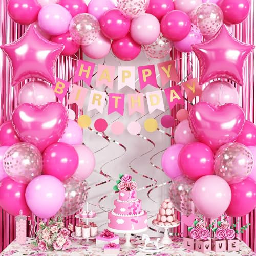 Geburtstagsdeko Pink Mädchen Deko Geburtstag Rosa, Luftballons Geburtstag Perl Hellrosa Pinke Party Deko Happy Birthday Banner Lametta Vorhang für Frauen Prinzessin Geburtstags Party Deko