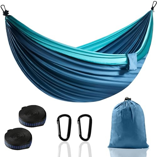 Hamaca de camping al aire libre, hamacas de paracaídas portátiles superligeras con dos correas de árbol, hamacas individuales de nailon para árbol de viaje (azul lago, 280 x 140 cm)