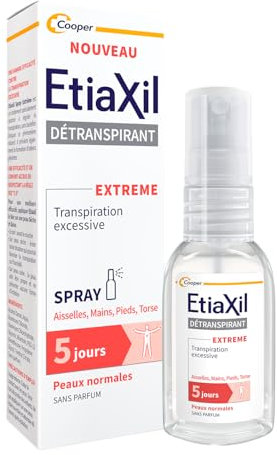 ETIAXIL - Déodorant Détranspirant – Traitement Transpiration Excessive – Aisselles, Mains, Pieds, Torse - Peaux normales - Efficacité 5 jours - Spray - 30 ml