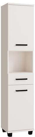 Forte VERIS Badezimmerschrank 40, moderner, hoher Schrank, 2 Türen, 1 Schublade, Kontrastgriffe und -Füße, Holzwerkstoff, Kaschmir Beige, 40,2 cm breit x 186,8 cm hoch x 34,8 cm tief