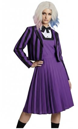 Dysmad Déguisement d'uniforme scolaire pour femme, taille unique, comprend une veste à rayures violettes et noires, une robe violette avec poitrine et nœud papillon.