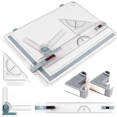 Zeichenplatte DIN A3, 6-teiliges Set Multifunktionale Zeichenplatte mit Winkelmesser Papierklemme Lineal und Stützfuß GEO-Board für technisches Zeichnen, Schule und Büro