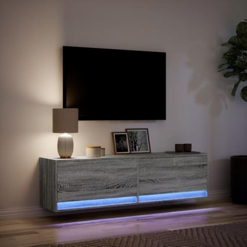 ZXLIHS Grand Meuble TV Flottant à LED, éère TV Murale de 140 cm avec 2 tiroirs, Centre de Divertissement Suspendu pour Le Salon (Gris + chêne)