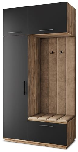 Masseno Flugarderoben Set Rema, Kleiderschrank-Set mit Sitzbank, Garderobenschrank Flur mit 5 Regalböden, Eiche Lefkas/Schwarz