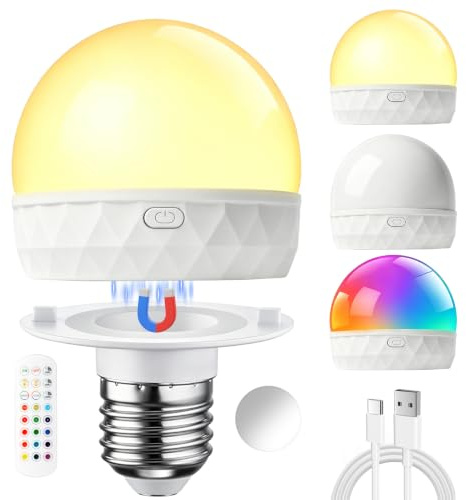 Rechargeable Light Bulb with Remote, Magnetic E27 Dimmable RGB LED Bulbs | 12 RGB +3 Color Temperatures Timing, 0-100% Brightness Adjustable, 1800mAh with Magnetic Base Detachable for Bedroom, Camping