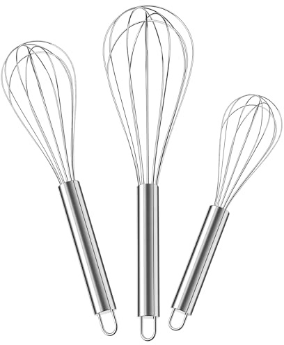 Whisk Set of 3 Stainless Steel, 8/10/12 Inch Manual Egg Beater Mixer Balloon, Kitchen Hand Whisk for Egg, Cream, Pancake Batter, Sauce Mixing & Baking Cooking