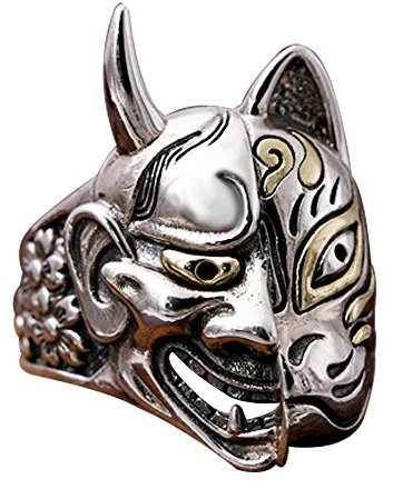 ForFox Zweifarbig 925 Sterling Silber Japanischer Oni Dämon Hannya und Fuchs Kitsune Masken Ring Gothic Schmuck für Herren Damen Größe 62
