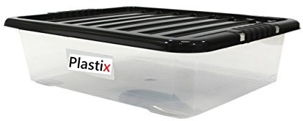 Plastix Set of 3 Clear Plastic Storage Box Boxes With Black Lids Home Office Stackable UK Made - 28L 28 LITRE UNDERBED