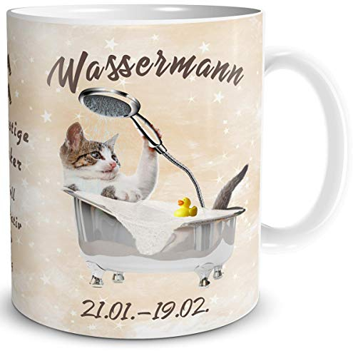 TRIOSK Tasse Katze lustig mit Spruch Sternzeichen Wassermann Katzenmotiv Geschenk für Katzenliebhaber Geburtstag Frauen Freundin