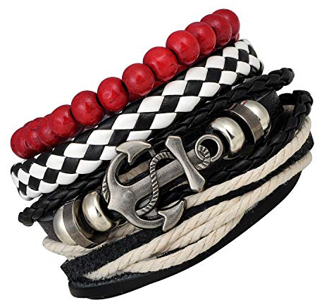 Feilok 4 Stücke Retro Lederarmband Herren Armband Set Leder Armbänder Anker für Herren und Damen Geflochten Länge Elastisch Perlenarmband Holz Einstellbar