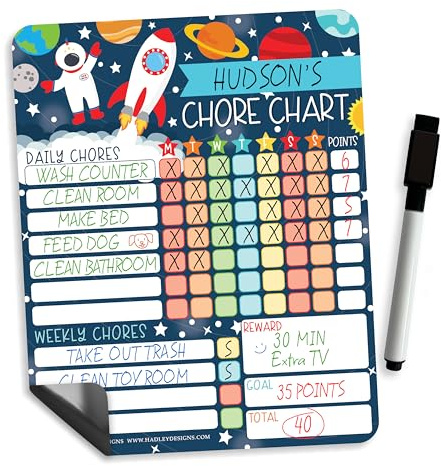 Hadley Designs Magnetic Chore Chart for Kids – Reward Chart for Kids, Dry Erase Responsibility Board for Children at Home, Fridge Behavior Tracker for Daily & Weekly Tasks, Space Toddler Chore Board