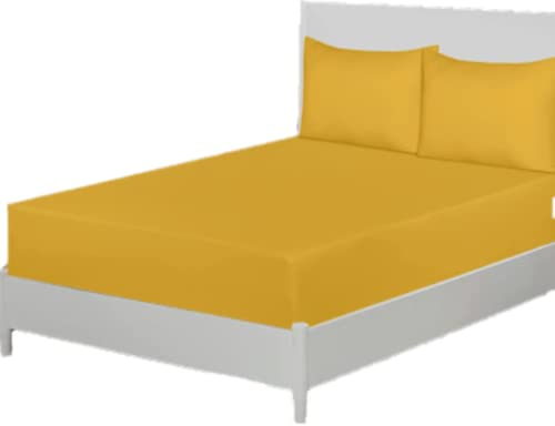 Funky Gadgets Sábana bajera ajustable doble color amarillo ocre, 30 cm de profundidad, 90 g/m², microfibra cepillada suave, sábana inferior de fácil cuidado para cama doble (137 x 190 cm)