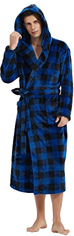 Vulcanodon Mens Robe with Hood, Fleece Bathrobe Plush Robes for Men(Buffalo Plaid-Royal Blue,L/XL)