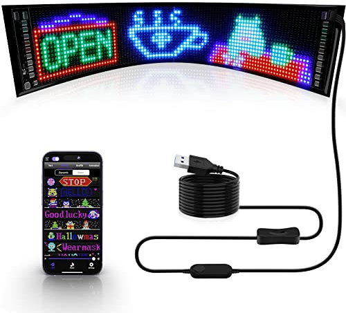 KJOY Grand panneau LED lumineux programmable, 68,6 x 12,7 cm, USB 5 V, contrôle par application Bluetooth, motif de texte personnalisé, défilement, affichage LED flexible pour voiture, magasin, fête,