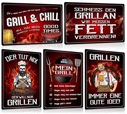 ESFIVHO 5er Set Retro Blechschild Grill - GRILL und CHILL Schild mit Spruch - GRILLEN BBQ Metallschild Vintage Deko - Wand Dekoration Geschenk für Griller Grillmeister Küche Köche 20x30cm