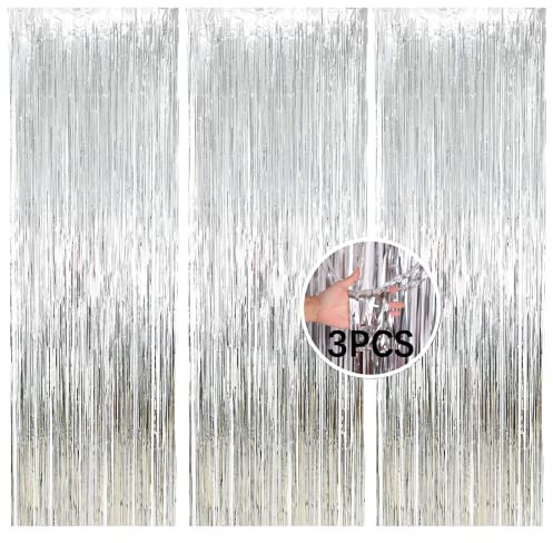Silver Tinsel Foil Fringe Curtain Party Decorations 3Pcs 3.3ft *8.2ft Metallic Tinsel Curtains Streamers Party Backdrop Foil Curtain for Birthday Party Wedding Holiday Decoration
