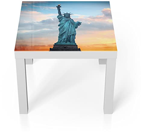 DEQORI Glastisch | weiß klein 55x55 cm | Motiv New Yorks Lady Liberty | ausgefallener Beistelltisch aus Glas | Hochglanz Couchtisch fürs Wohnzimmer | moderner Couch Tisch mit Design