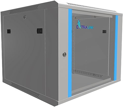 Extralink Serverschrank 19 Zoll 9HE – Netzwerkschrank 600mm Tiefe zur Wand- oder Standmontage, Traglast 60 kg, gehärtete Glastür, abschließbar 180° Öffnung, grau – für Heimnetzwerk & IT-Geräte