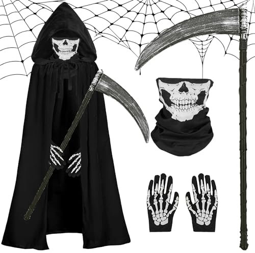 Miulruma Sensenmann Kostüm Kinder Halloween Kostüm Sensemann 4-teiliges Tod Kostüm Set mit Sense Schädelmaske Skelett Handschuhe Umhang mit Kapuze für Halloween Fasching Grim Reaper Kostüm A010L