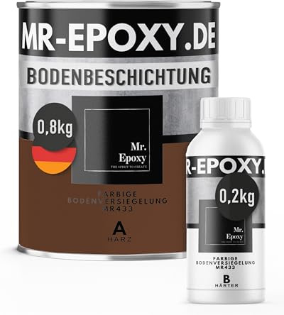 Mr. Epoxy Epoxidharz Bodenbeschichtung (1 kg, RAL 8011 Nussbraun) - 2K Betonfarbe für Garagen, Keller & Werkstatt Boden - Flüssigkunststoff Epoxid Grundierung und Bodenversiegelung