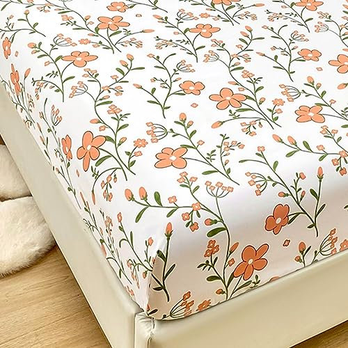 Mateju Spannbettlaken aus Mikrofaser mit Blumendruck für Einzelbett und Doppelbett, Weiche Bequem Spannbetttuch für Boxspringbett, Tiefe Tasche für bis 25 cm Matraze (180x200cm,Rote Blume)