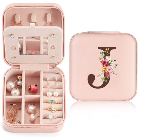 Reise Schmuckkästchen Klein mit initialen J und Blume, Schmuckaufbewahrung für Damen PU-Leder, Mini Schmuckschatulle Schmuckkasten für Damen Mädchen Geschenk für Geburtstag, Weihnachten, Muttertag