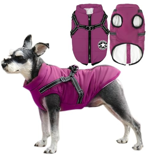 Voarge Hundejacke Winterweste Jacken, Hundemantel mit Geschirr für Kleine Hunde Hundemantel Wasserdicht Maschinen Waschbarer Reflektierender Streifen Design Haltbarer D-Ring (Lila, S)