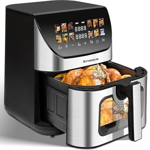 Heißluftfritteuse 8,5L XXL Airfryer 1800W Touchscreen 12 Automatikprogramme Sichtfenster & Temperaturkontrolle Spülmaschinengeeignet Für 4-5 Personen (Schwarz) (Schwarz)