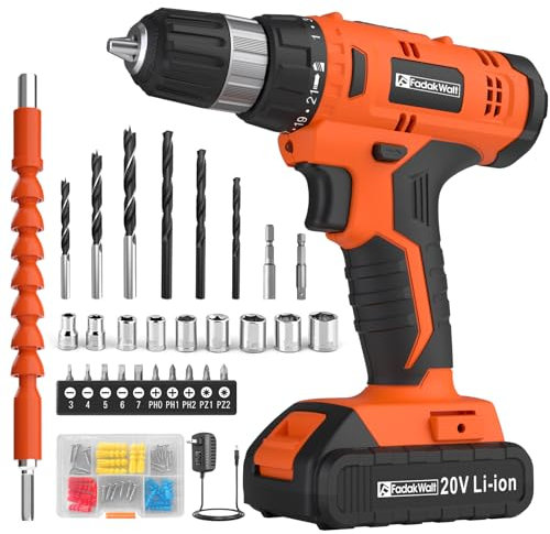 FADAKWALT 20V Cordless Drill Set ,Powerful Drill bit Sets,Torque 30N,21+1 Torque Setting,3/8” inch Keyless Chuck, 40pcs,Electric Drill with 2.0AH Li-Ion Battery and LED Light.